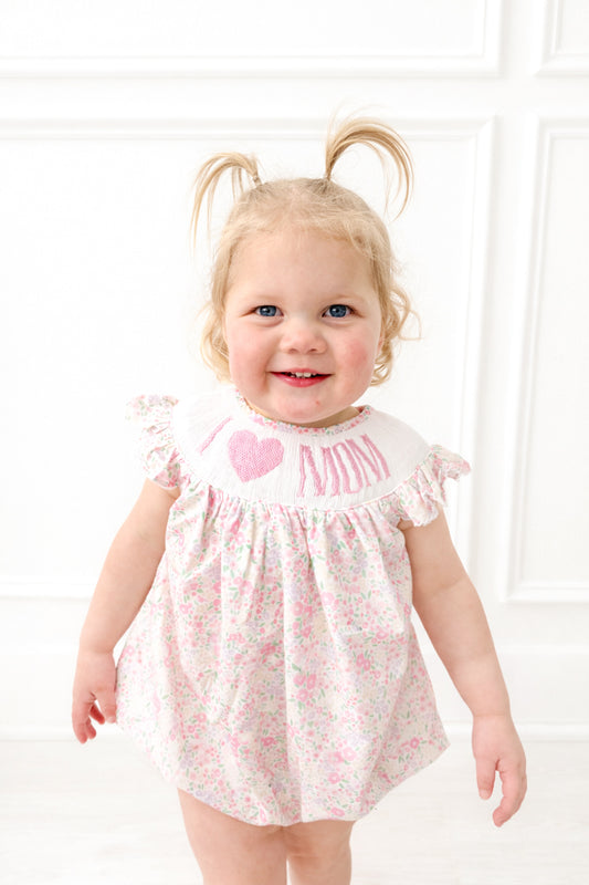 hand smocked pink floral I love mom bubble