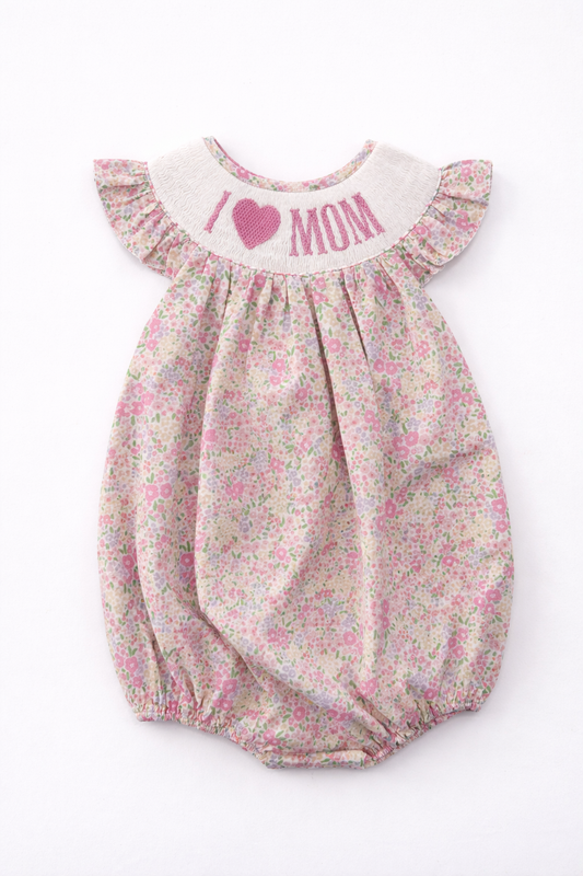 hand smocked pink floral I love mom baby and toddler bubble
