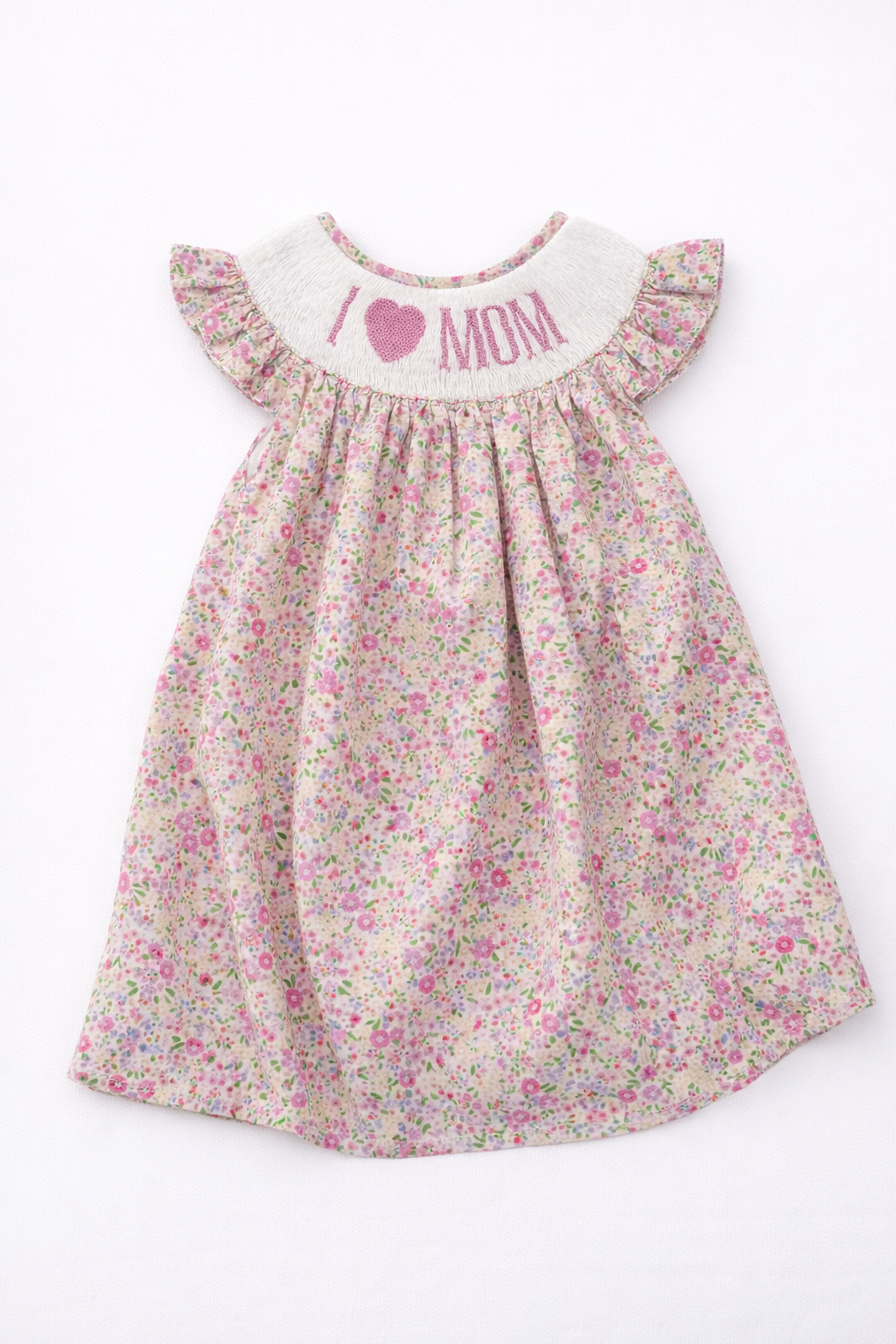 handsmocked pink floral I love mom toddler and girl dress