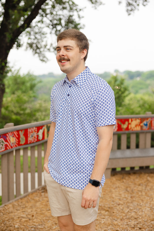 Blue & White Block Print Men's Polo (FINAL SALE)