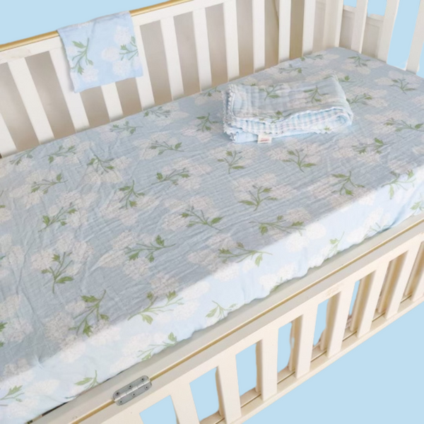 Blue Hydrangea Muslin Crib Sheet I Poppy Kids Co