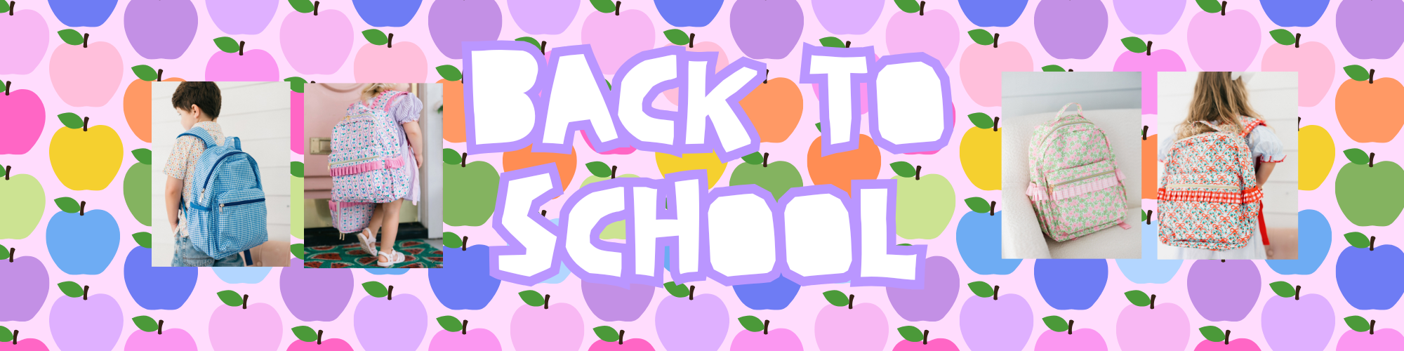 Back to school collection featuring colorful kids backpacks and lunchboxes with apple print designs from Poppy Kids Co.