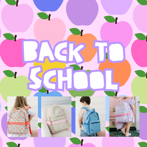 Back to school collection featuring colorful kids backpacks and lunchboxes with apple print designs from Poppy Kids Co.