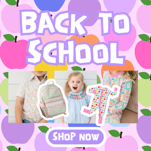 Back to school collection featuring colorful kids backpacks and lunchboxes with apple print designs from Poppy Kids Co.