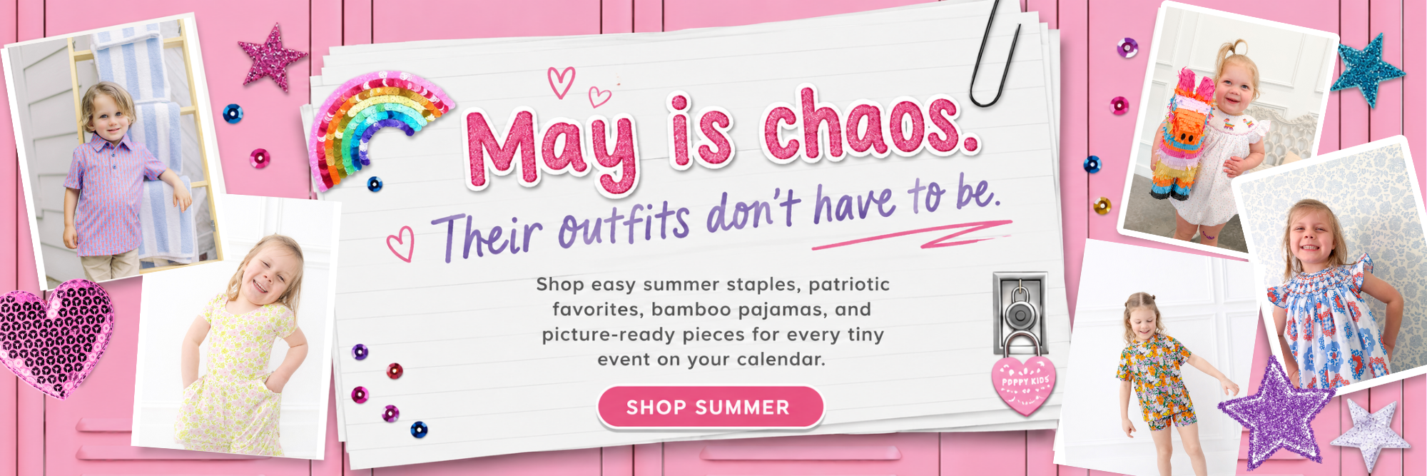Poppy Kids Co spring collection with kids wearing floral smocked dresses, bamboo pajamas, and pastel prints in a cheerful collage