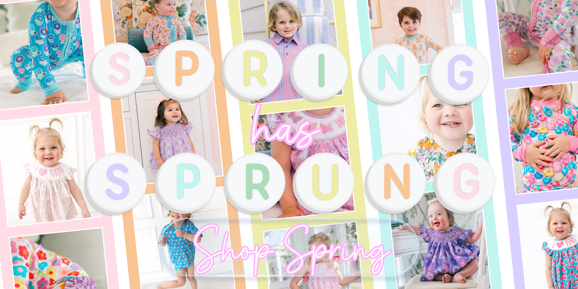Poppy Kids Co spring collection with kids wearing floral smocked dresses, bamboo pajamas, and pastel prints in a cheerful collage