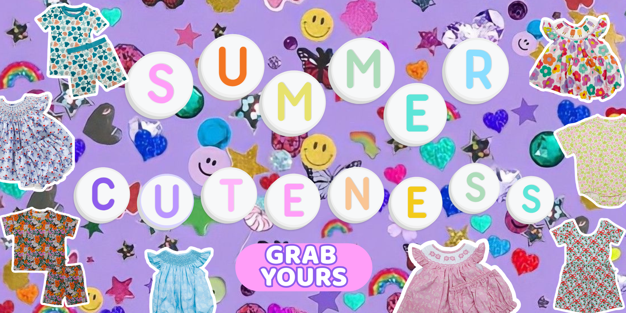 Colorful Poppy Kids summer collection banner with playful “Summer Cuteness” letter tiles, bright sticker-style background, and children’s outfits including bamboo pajamas, smocked bubbles, dresses, and playful sets.