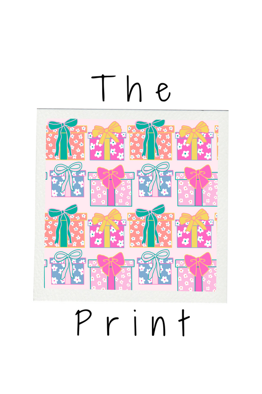 Colorful gift box pattern with decorative bows on a white background, labeled 'The Print'.