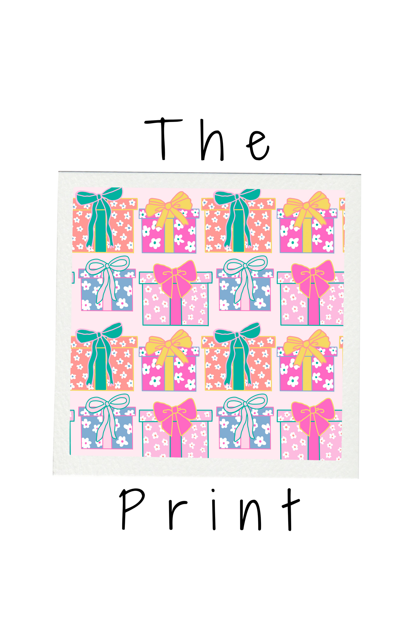 Colorful gift box pattern with decorative bows on a white background, labeled 'The Print'.