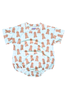 Baby romper with dog pattern on a light blue background