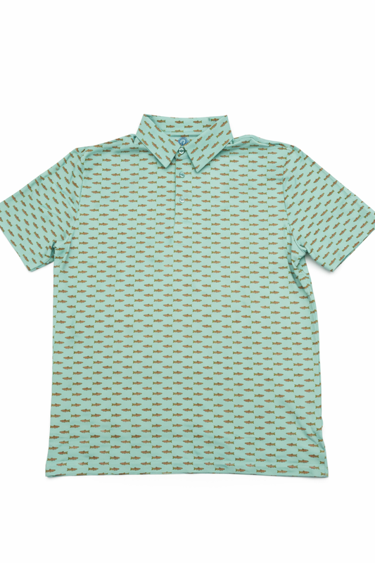 Green patterned fish polo shirt on a white background