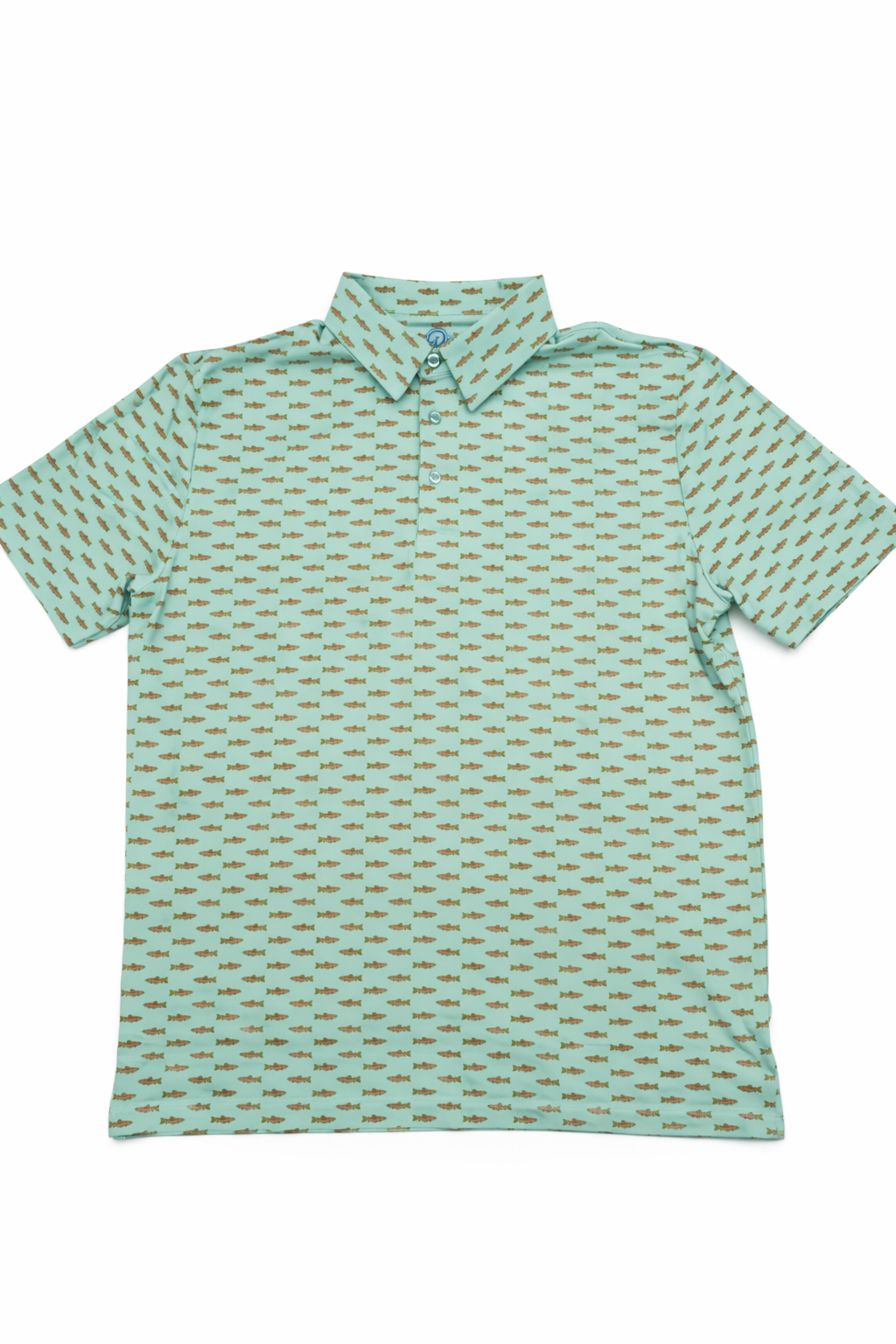 Green patterned fish polo shirt on a white background
