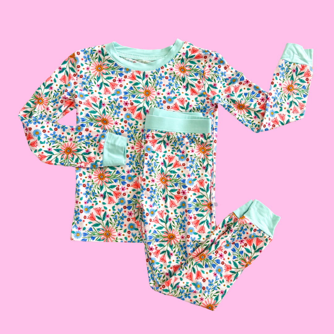 Blue and Pink Floral Bamboo PJs I Poppy Kids Co